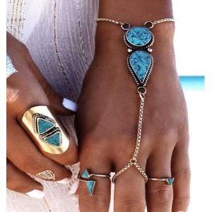 Eryi-Bracelet En Argent Avec Bague Turquoise - Bracelet Bohème - Chaîne D'esclave - Bijoux Pour Femmes Et Filles, 1 Count (Pack Of 1), Métal Pierre - Neuf