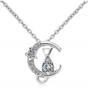 Kal-Pendentif Chat Sur La Lune, Zirconium Diamant Chat Pendentif, Collier Argent 925 Pendentif Chat, Pendentif Chat Argent Bijoux Chat, Femme Collier Avec Chat Sur La Lune, Cadeau Pour Femme Fille - Neuf