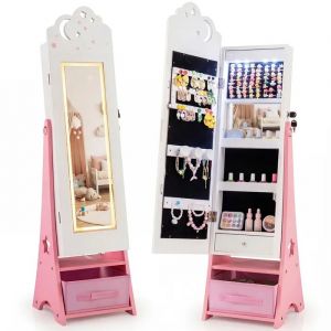 COSTWAY Armoire &agrave; Bijoux pour Enfants avec Miroir 2 en 1 - 4 Lumi&egrave;res Int&eacute;rieures 30,5 x 30,5 x 117,5 cm Blanc - Neuf
