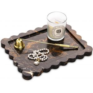 Plateau de Salle de Bain en Marbre Naturelle Plateau D&eacute;coratif Ondul&eacute; Luxueux pour Coiffeuse, Mouchoirs, Bougies, Serviettes, Cosm&eacute;tiques, Cuisine, Parfum, Porte-cl&eacute;s (Or Noir, 27 x 20 cm) - Neuf