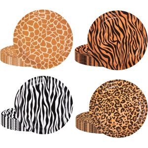 Lot De 64 Assiettes À Dessert En Carton 17,8 Cm - Impression Léopard, Zèbre, Girafe - Jetables Pour Fête Prénatale, Thème Animal, Anniversaire - Neuf
