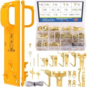 MEVRONISSHOP-Lot de 307 pi&egrave;ces kit de suspension d'images, outil de suspension de cadres photo avec r&egrave;gle &agrave; niveau &agrave; bulle et 306 clous, crochets, fil, vis, anneau en D et dents de scie, pour suspens - Neuf