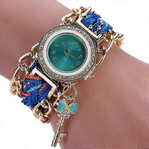 Montre À Quartz À Bracelet À Quartz Tressée En Diamant À Cadran Rond Pour Femmes Avec Pendentif Clé - Neuf