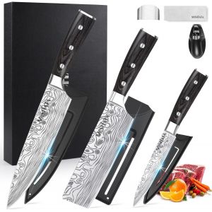 Mevronisshop-Ensemble De 3 Couteaux De Cuisine - Nakiri, Base Et Piratage En Acier Inoxydable Carbone Haute Qualit&eacute; - Neuf