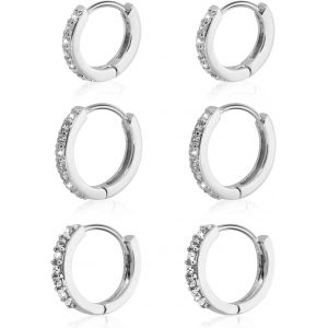 Kal-3 Paires Creoles Femme Boucle D'oreille Anneau Petite Creole Argent Femme Avec Zircon Cubique Petites Boucles D'oreilles Créoles En Argent Sterling Avec Strass Boucles D'oreilles Pour Homme Argen - Neuf