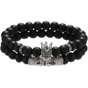 Kal-2 Pcs Hommes Bracelets Perl&eacute;s Pour Hommes Femmes T&ecirc;te De Lion Bracelets Couronne Roi Charme Yoga Onyx Pierre Bracelet Protection Bracelet Empilable - Neuf