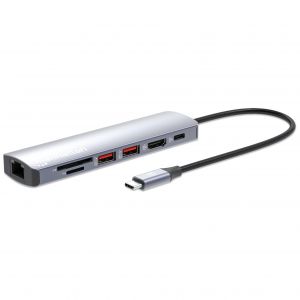 Manhattan Dock/hub USB-C avec lecteur de cartes, 5 ports : Ethernet, HDMI, 2x USB-A + USB-C, avec Power Delivery (PD) 100 W - n&eacute;cessite un chargeur USB-C externe (non inclus). Aliment&eacute; par USB (aucune alimentation externe requise) lorsque le PD... - Neuf