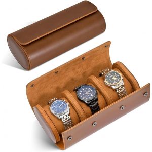 Kal-Étui À Montre Voyage, Boîte À Montre Homme/Femme, 3 Rouleau Boîte Rangement Montre, Cuir Étui Pour Montres Pour Cadeau Noël Anniversaire (Marron Foncé) - Neuf