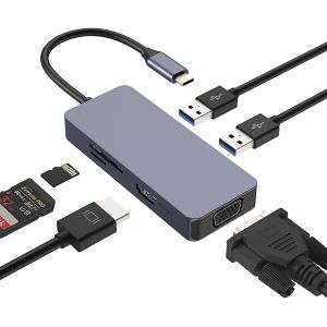 NAERYUT-Station D'Accueil Usb C 6 In1,Adattatore Hdmi Vga Dual Monitor-Usb 2.0,Lettore Schede Sd/Tf-Compatibile Con Macbook Pro/Air,Dell/Hp/Lenovo - Neuf