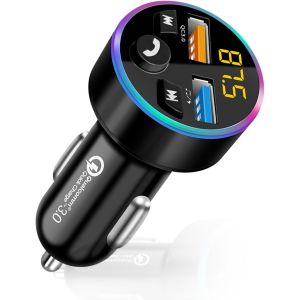 TRAHOO-Transmetteur FM Bluetooth Voiture 66W, &Eacute;metteur et Adaptateur Allume-Cigare USB-C 4 Ports QC3.0/PD, Chargeur Allume Cigare USB Rapide, Connecteur Bluetooth Voiture Compatible iPhone Android - Neuf