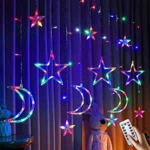 KAL-Rideau Lumineux Étoile Lune,3.5M Lune Rideau Lumineux Ramadan,Étoiles Lune Rideau Lumières,8 Modes De Régulation,Led Guirlande Lumineuse Étoiles,Guirlande Lumineuse En Forme D'Étoile (D) - Neuf