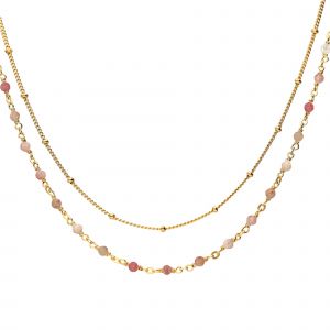 Collier Argent Dor&eacute; Double Chaine Et Pierres Naturelles Quartz Rose Fraise - Neuf