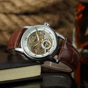 Montre-Bracelet Mecanique Automatique Forsining Pour Homme, Bracelet En Cuir Pu, Etanche (Blanc Argente) - Neuf