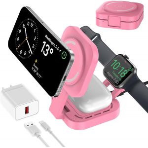 JGD-Chargeur sans Fil 3 en 1 pour appareils Apple, Chargeur Induction, 3 en 1 Station de Charge Rapide pour Magsafe iPhone 17/Air/16/15/14/13/12, Apple Watch, AirPods Pro/2/3/4 (Adaptateur Inclus) (R - Neuf