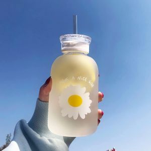 Bouteille D'eau Mignonne De 480 Ml Avec Graduation, 2 Couvercles, Motif Marguerite, Mate, Gourde Bouteille D'eau Et D'herbe Créative Pratique (Une Fleur) - Neuf
