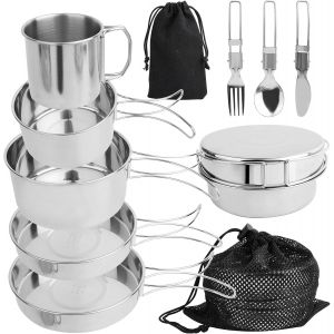 Ytfhg-Set De 10 Couverts Camping, Kit De Vaisselle En Acier Inoxydable, Set De Couverts Camping Avec Couteau Pliant, Fourchette Et Cuillère Pour Cuisine Camping Randonnée Pique-Nique - Neuf