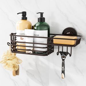 Étagère de douche à ventouse avec crochets et porte-savon, organiseur de douche robuste sans perçage, étagères de salle de bain pour fixation murale à l'intérieur, accessoires de cuisine, marron - Neuf