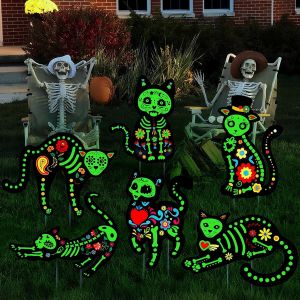 CAUC-6 Pi&egrave;ces Panneaux De Jardin Halloween Chat Noir D&eacute;Coration Halloween Phosphorescentes pour Jardin, Pelouse, Chemin Forestier Cr&eacute;Ez Une Atmosph&egrave;Re Effrayante - Neuf