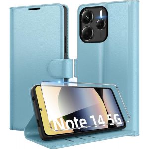 SJZG-Coque Pour Xiaomi Redmi Note 14 5G (Pas Pour 4G) En Premium Cuir Pu, Portefeuille Housse Etui Pour Cartes Protection Anti-Choc Flip Case Avec 1 Verre Tremp&eacute; Bleu - Neuf
