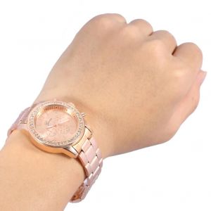 Femmes Robe Quartz Alliage Cristal Poignet Strass Analogique Rond Alliage Classique Montre Rose Gold - Neuf