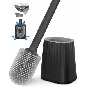 Brosse Wc, Ensemble De Brosse Wc En Silicone Avec Support Mural Et Support Au Sol, Tête De Brosse De Nettoyage Double Face, Long Manche Et Récipient - Neuf