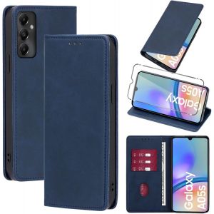 Kal-Coque Cuir Pour Samsung Galaxy A05s 6.7"" Avec 1 Verre Trempé Etui À Rabat En Pu Porte-Cartes Portefeuille Support Flip Housse Magnétique Antichoc Anti-Rayures Case,Bleu - Neuf