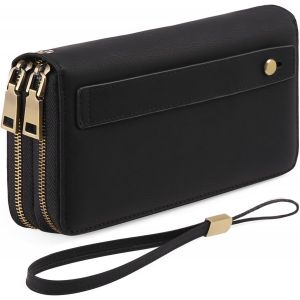CAUC-Portefeuille Femme Grand, Porte Feuille Feminin Cuir V&eacute;g&eacute;talien Double Fermeture &agrave; Glissi&egrave;re, RFID Porte chequier, avec Multiples Poches Portefeuilles et Porte-Cartes Idee Cadeau Femmes - Neuf