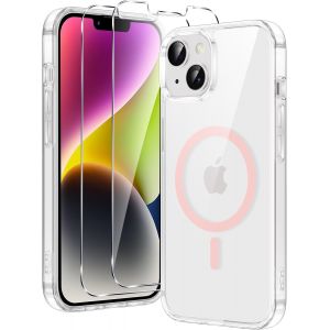 Maa-Magnétique Coque Pour Iphone 14 Avec 2 Pièces Verre Trempés, Compatible Avec Magsafe, Anti Rayures Antichoc Tpu Bumper Housse Etui Pour Iphone 13, Transparent-Rose - Neuf