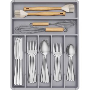Senior-Range Couvert Tiroir, Organisateur Couverts Tiroir Cuisine, 31x41 Cm, Rangement Pour Vaisselle, Bac De Rangement Pour Cuill&egrave;res/Fourchettes/Couteaux/Vaisselle, 7 Compartiments, Gris[L466] - Neuf