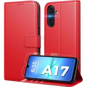 AEFJ-Coque pour Samsung Galaxy A17 5G [Verre Tremp&eacute; Protection] [Blocage du Signal RFID] [Premium PU] [Pochette de Portefeuille] Etui &agrave; Rabat pour Samsung A17 -Rouge - Neuf
