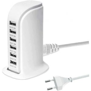 Usb Charger, 30W 6 Usb Ports Desktop Charging Dock, Usb Hub, Usb Wall Charger For Iphone 12/13/14/15/16/Samsung S22/S23/S24/Ipad/Xiaomi/Huawei/Oppo/Tablet, Etc. (White) - Neuf