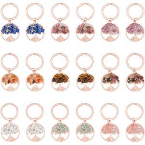 Eryi-18 Pièces 9 Couleurs Arbre De Vie Porte Clés Pierres Précieuses Porte Clés Or Rose Pierre De Cristal Fait À La Main Porte Clés Charme Fendus Pour Bricolage - Neuf