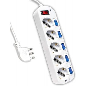 Bloc multiprise &eacute;lectrique avec interrupteurs ind&eacute;pendants 5 Prises 10/16 A bipasso + Schuko Prise 16 A Prise &eacute;lectrique pour Maison, Bureau, Magasin Couleur Blanche - Neuf