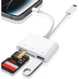 Lecteur de Carte SD pour iPhone, Lightning USB C Adaptateur Carte SD pour Micro SD/SD/USB-A, Lecteurs de Carte M&iquest;&iquest;moire USB C, Lecteurs Carte M&iquest;&iquest;moire pour iPhone/iPad/MacBook/Cam&iquest;&iquest;ra, Plug and Play - Neuf