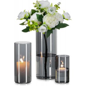 Bnhgc-Vase Cylindrique En Verre Gris : 3pcs Vases À Fleurs Modernes Pour Centre De Table - Porte-Bougies Décoratifs En Forme D'ouragan Vase À Tulipes En Herbe De La Pampa Pour Fleurs (10/15/20cm) - Neuf