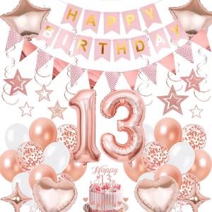 SJZG-Decoration Anniversaire Fille Ballons 13 Ans - Or Rose D&eacute;coration Banderole Happy Birthday Nombre Ballon, Tourbillons Guirlande Joyeux Anniversaire Pour Une 13E F&ecirc;te D&eacute;co - Neuf