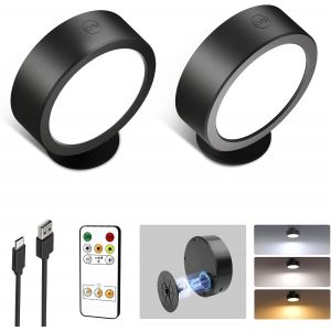 Subzonal-Applique Murale Sans Fil Int&eacute;rieure Rechargeable, 5500mah,Led Dimmable 3 Modes De Couleur, Rotation 360&deg; & Boutons Tactiles Pour Salon, Chambre, Chevet, Couloir, Noir (2 Pi&egrave;ces) - Neuf