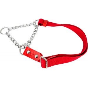 Kal-Martingale Collier Semi Etrangleur Pour Chien Avec Chaîne Et Cuir. Anti Traction. L. Rouge & Rouge - Neuf