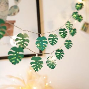 KAL-Guirlande Lumineuse Feuille, Feuille De Palmier Artificielle Murale Feuille De Rotin Guirlande Lumineuse 20 Led Alimenté Par Batterie Intérieur Et Extérieur Vert Jungle Décor (Monstère) - Neuf