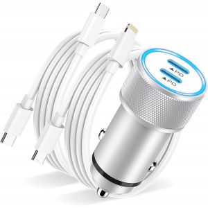 Usb C Car Charger 40 W, Usb C Car Charger Quick Charge Adapter Cigarette Lighter Charger Car Phone Charger With 2 X Cable For Iphone 16/15/14/13/12/11/Pro Max/Xs/X/Se/8/7 - Neuf