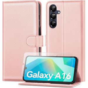 KAL-Coque Pour Samsung Galaxy A16 Avec Verre Trempé, Étui Cuir Pu Magnétique [ Pochette De Portefeuille ], Housse De Fonction Stand Video Porte Carte Credit À Rabat Pour Samsung A16 -Rose Pâle - Neuf