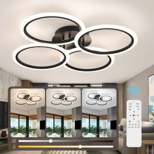 Subzonal-Plafonnier Led Moderne, 73cm Noir Led Plafonniers Dimmables Avec T&eacute;l&eacute;commande, 4-Cercle Noir Plafonnier Pour Salle &Agrave; Manger Chambre Bureau Cuisine Salon Lumi&egrave;re - 56w - Neuf