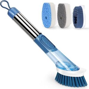 Vaisselle avec Reservoir,&agrave; Vaisselle avec Manche,Distributeur Savon Multifonction,pour Nettoyage Cuisine,Vaisselle,Casseroles,&eacute;vier-4 T&ecirc;te Rechange (Bleu) - Neuf