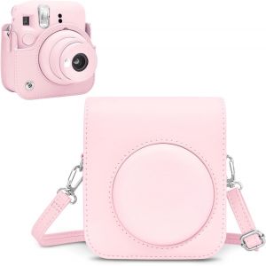 Housse pour Instax Mini 12 - &Eacute;tui de Protection en Cuir PU pour Fujifilm Instax Mini 12 - &Eacute;tui Amovible avec Bandouli&egrave;re - Rose - Neuf