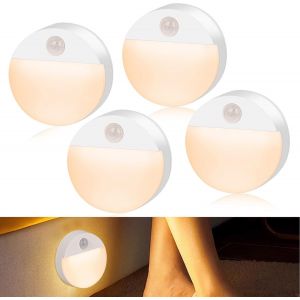 Veilleuse Detecteur Mouvement, 4 Pi&egrave;ces Veilleuse Led Pile, Lampe Detecteur De Mouvement Interieur, Lampe Detecteur De Mouvement Pile, Veilleuse D'escalier Automatiquel Pour Couloir, Chambre - Neuf