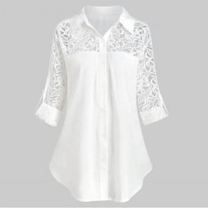Tee Shirt Femme Grande Taille En Dentelle Manches Longues Col V Blanc - Neuf
