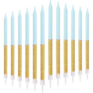 Lot de 12 bougies d'anniversaire bleues dorées pour gâteau,décorations de gâteaux pour fête d'anniversaire,longues bougies dorées brillantes,bougies de fête,fêtes prénatales,anniversaire - Neuf