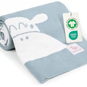 Tianyi-® Couverture Bébé Coton, 100% Biologique, Certifiée Gots Et Oeko-Tex, Couverture Bebe Naissance, Plaid Bebe Naissance, Échelle De Croissance, 80x100 Cm, Cadeau Fille Et Garçon, Bleu Dauphin - Neuf