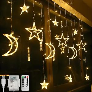 138 Leds Rideau D'étoiles Blanc Chaud,Éclairage De Noël Extensible Intérieur Fenêtre,Ip65 Rideau D'étoiles Extérieur,8 Modes De Décoration De Noël Pour Balcon Chambre (Blanc Chaud) - Neuf