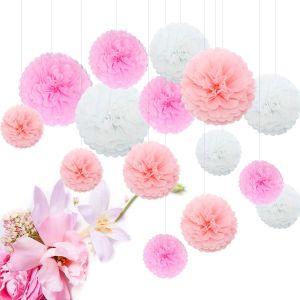 Papier De Soie Pompons,Boule De Fleur En Papier,Pour Fête D'anniversaire De Mariage Baby Shower De Mariage De Douche Décorations De Festival,Lot De 15 Rose - Neuf